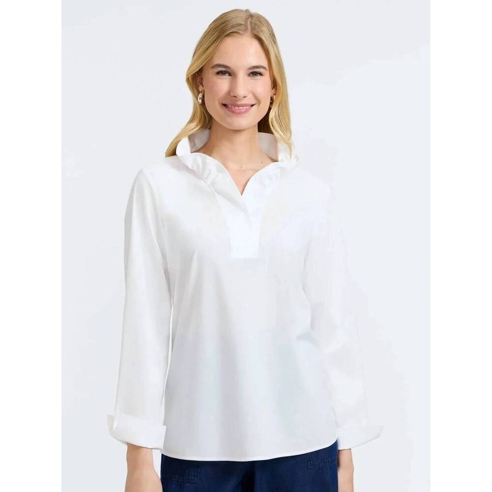 NEW FOXCROFT tammy poplin long sleeve popover shirt in white/peri